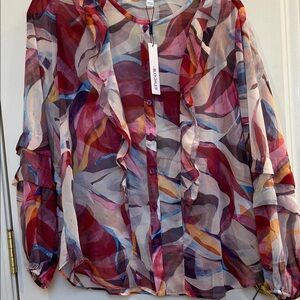 Chico's Ruffled Sheer Button-Front Blouse in Multicolor Wave Print size 1-new